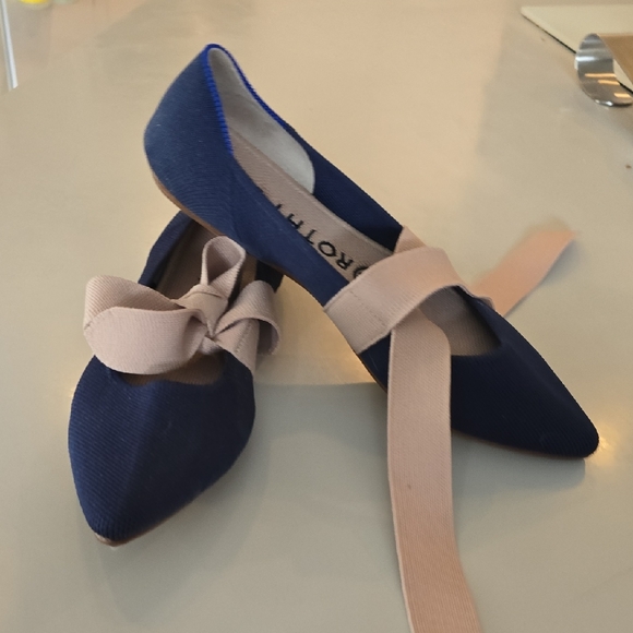 Rothy's Navy Flats with Pink Bow - Picture 1 of 3